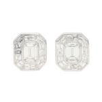 Art Deco Style Emerald Cut Diamond Cluster Earrings in Platinum