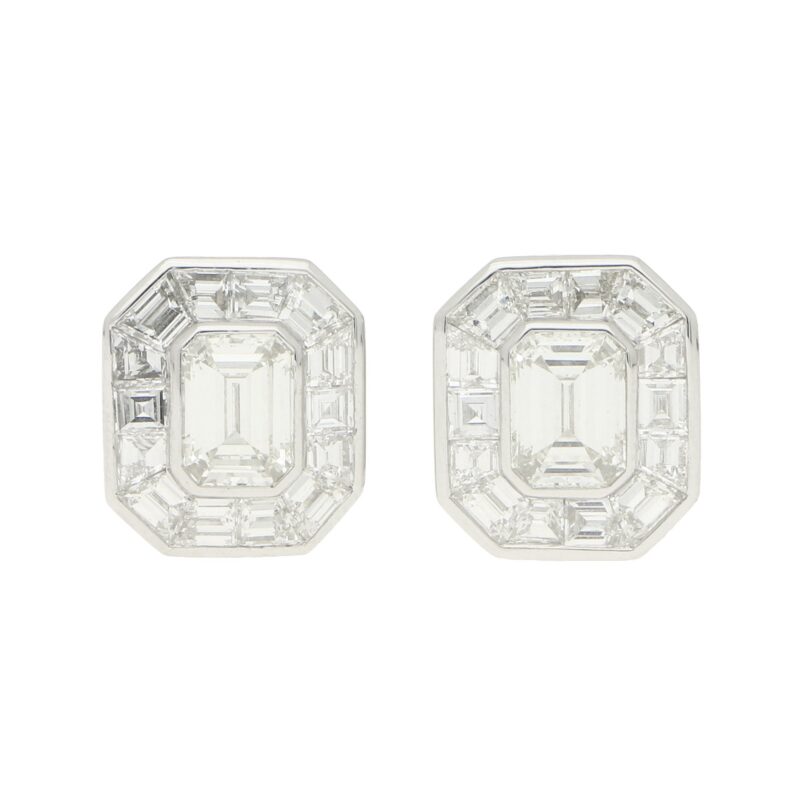 Art Deco Style Emerald Cut Diamond Cluster Earrings in Platinum