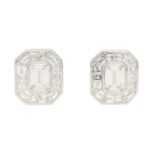 Art Deco Style Emerald Cut Diamond Cluster Earrings in Platinum