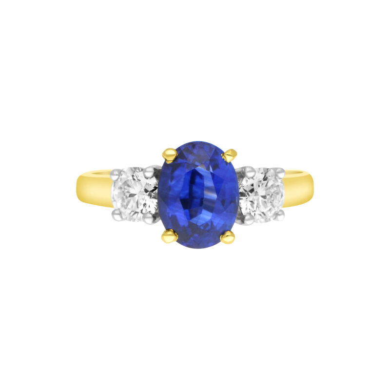 Royal Blue Sapphire and Diamond Three Stone Engagement Ring