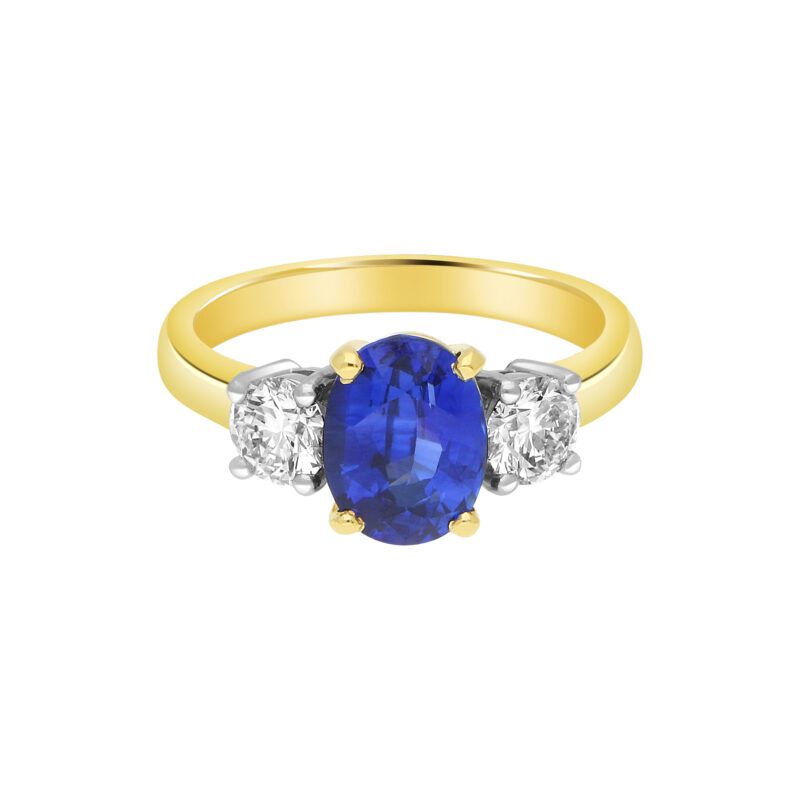 Royal Blue Sapphire and Diamond Three Stone Engagement Ring