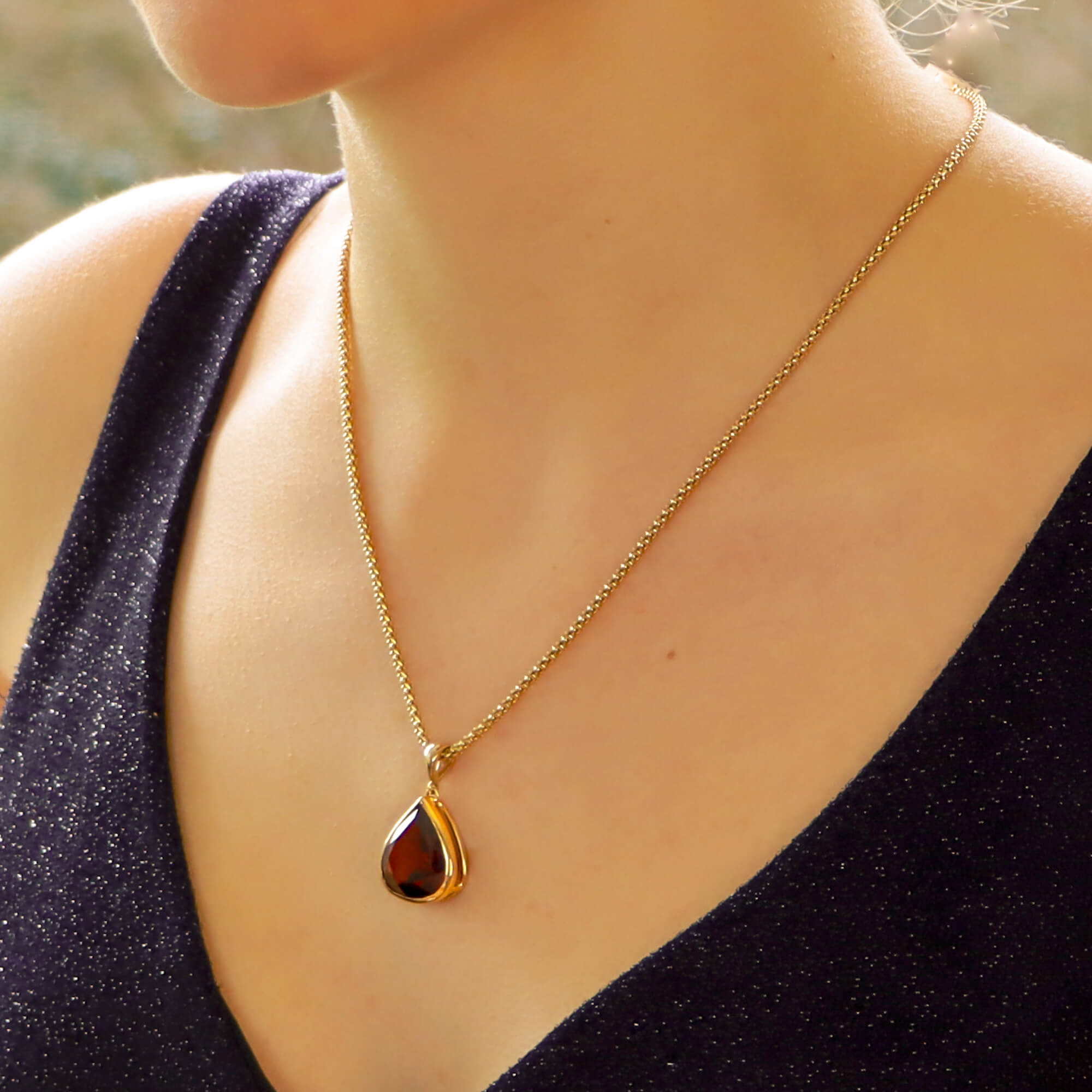 Pear Shaped Red Garnet Pendant Set in 9k Yellow Gold at Susannah