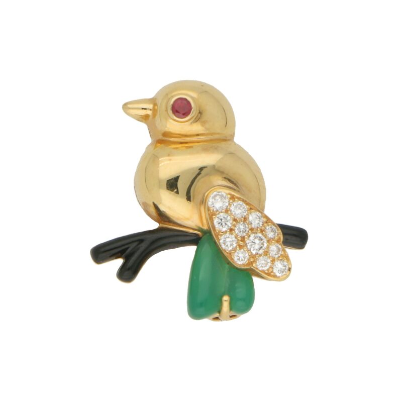 Cartier Chalcedony, Diamond, Ruby and Onyx Bird Brooch