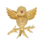 Tiffany & Co. Ruby Eyed Bird on Branch Brooch Set in 18k Gold