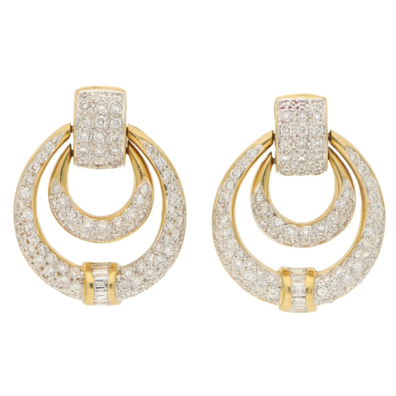 Diamond Door Knocker Drop Earrings Set in 18k White and Yellow