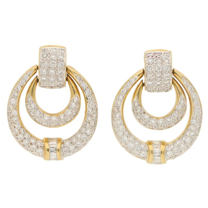 Diamond Door Knocker Drop Earrings Set in 18k White and Yellow