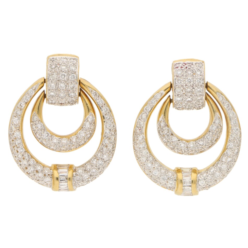 Diamond Door Knocker Drop Earrings Set in 18k White and Yellow