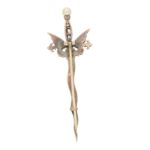 Victorian Diamond and Pearl Sword Brooch Set in Silver-on-Gold