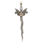 Victorian Diamond and Pearl Sword Brooch Set in Silver-on-Gold