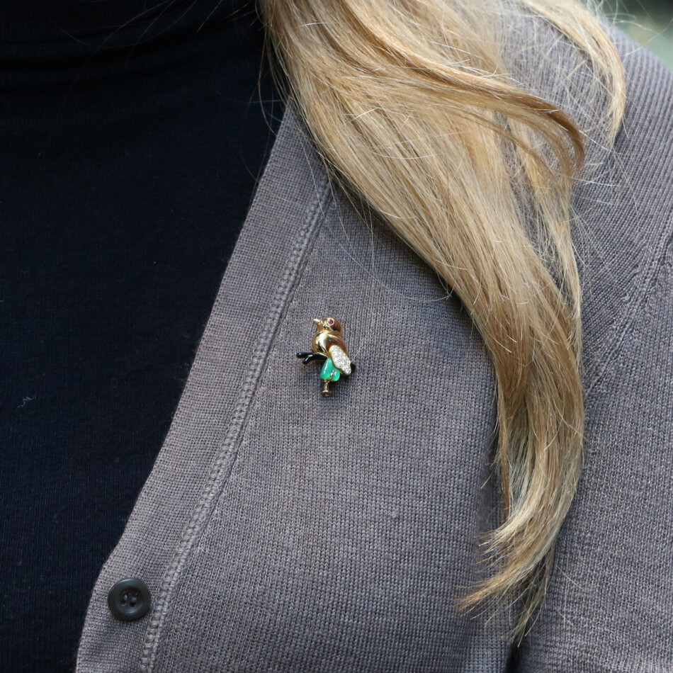 Cartier Chalcedony, Diamond, Ruby and Onyx Bird Brooch