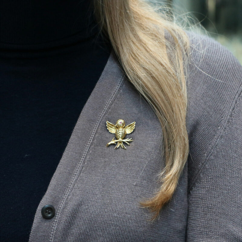 Tiffany & Co. Ruby Eyed Bird on Branch Brooch Set in 18k Gold