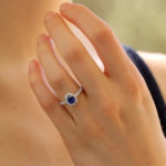 Sapphire and Diamond Halo Cluster Ring in White Gold