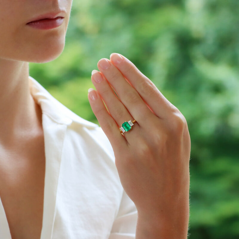 Emerald and Diamond Three Stone Engagement Ring