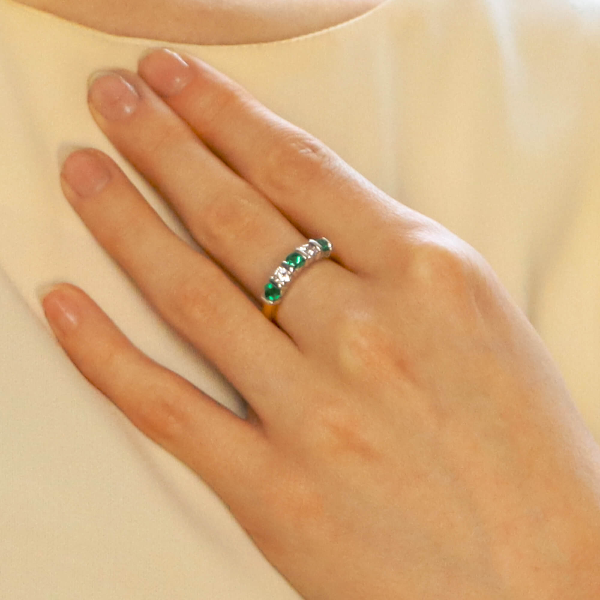 Emerald and Diamond Half Eternity Ring in 18k Gold at Susannah