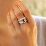 Emerald Cut Aquamarine and Diamond Bombe Ring in White Gold