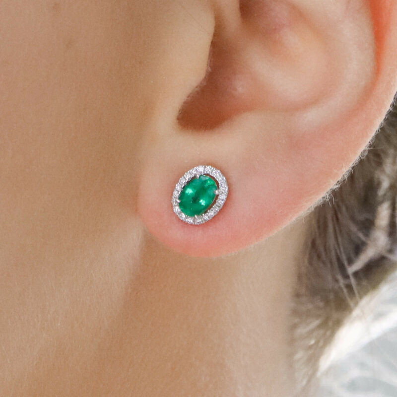 Emerald and Diamond Cluster Earrings in White Gold