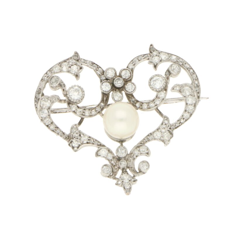 Edwardian Pearl and Diamond Openwork Heart Brooch in Platinum