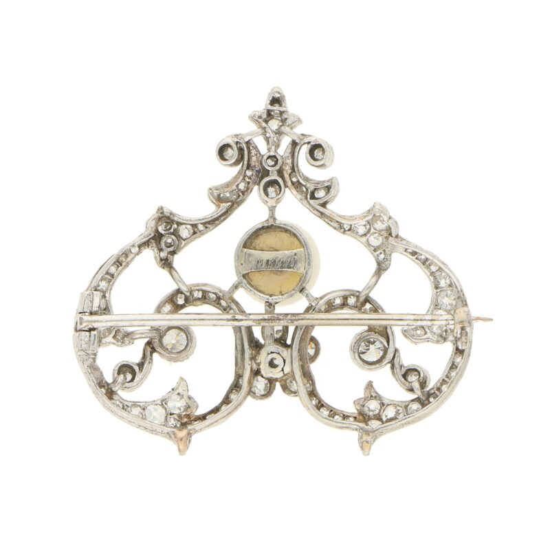 Edwardian Pearl and Diamond Openwork Heart Brooch in Platinum