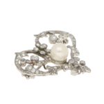 Edwardian Pearl and Diamond Openwork Heart Brooch in Platinum