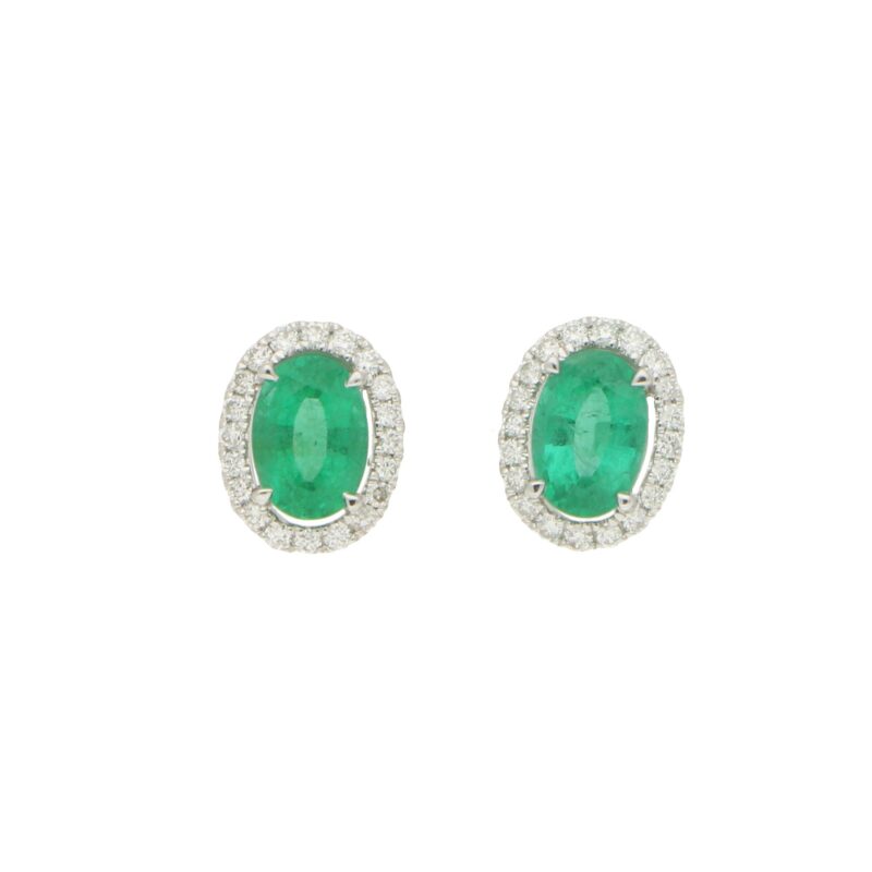 Emerald and Diamond Cluster Earrings in White Gold