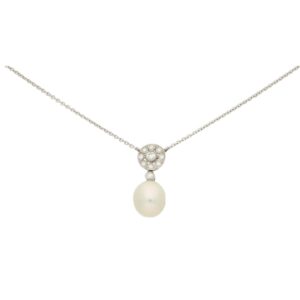 White Pearl and Diamond Geometric Floral Cluster Pendant