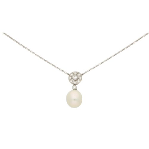 White Pearl and Diamond Geometric Floral Cluster Pendant