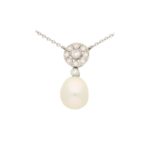 White Pearl and Diamond Geometric Floral Cluster Pendant