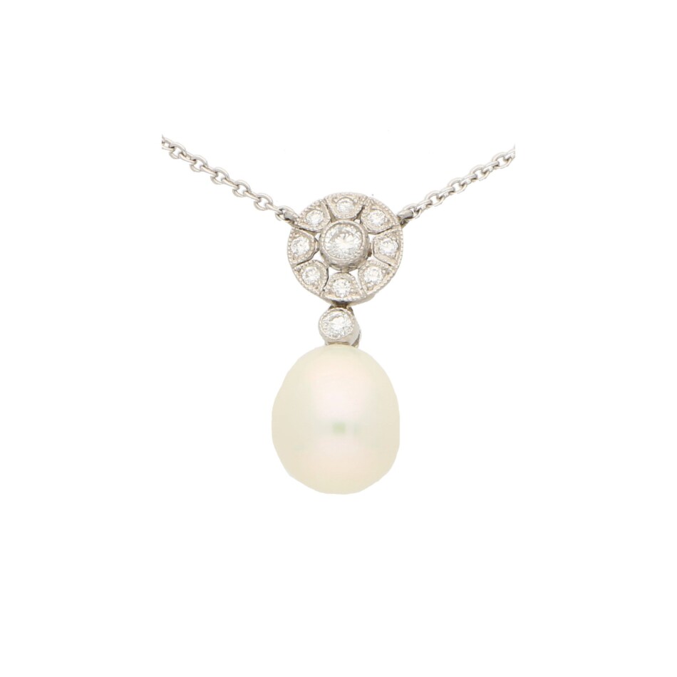 White Pearl and Diamond Geometric Floral Cluster Pendant