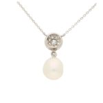 White Pearl and Diamond Geometric Floral Cluster Pendant