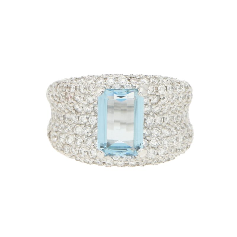 Emerald Cut Aquamarine and Diamond Bombe Ring in White Gold