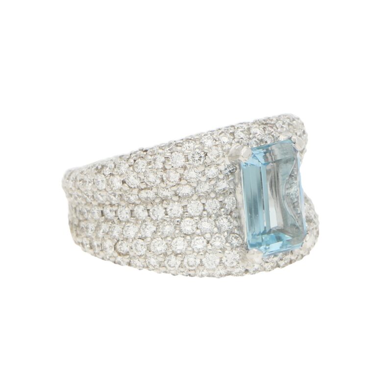 Emerald Cut Aquamarine and Diamond Bombe Ring in White Gold