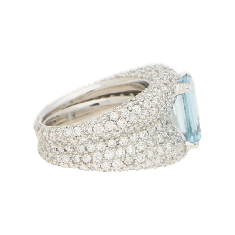 Emerald Cut Aquamarine and Diamond Bombe Ring in White Gold