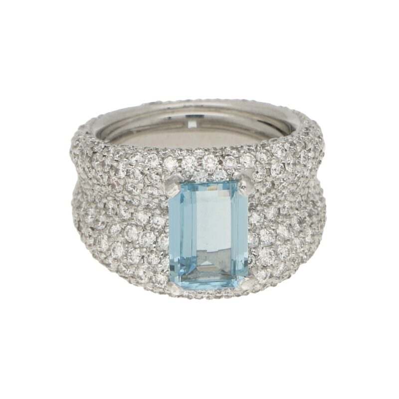 Emerald Cut Aquamarine and Diamond Bombe Ring in White Gold