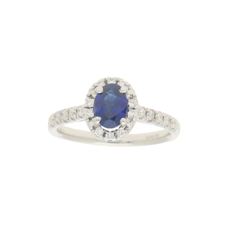 Sapphire and Diamond Halo Cluster Ring in White Gold