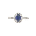 Sapphire and Diamond Halo Cluster Ring in White Gold