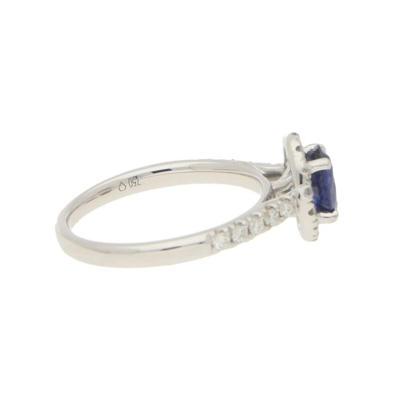 Sapphire and Diamond Halo Cluster Ring in White Gold