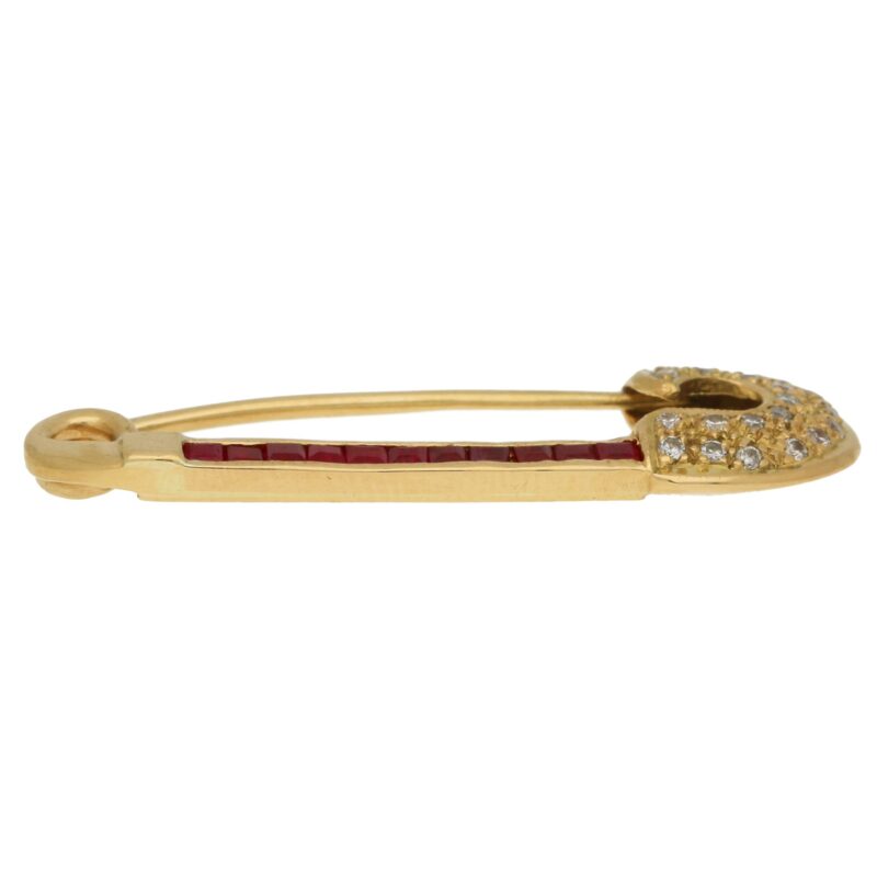 Diamond and Ruby Safety Pin Brooch in Yellow Gold