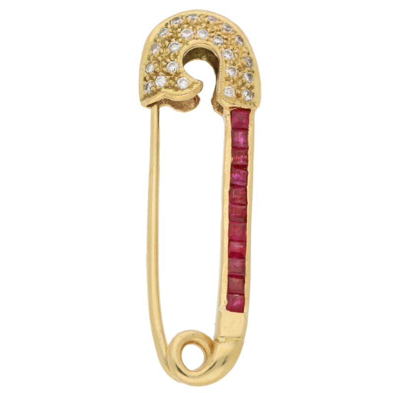 Diamond and Ruby Safety Pin Brooch in Yellow Gold