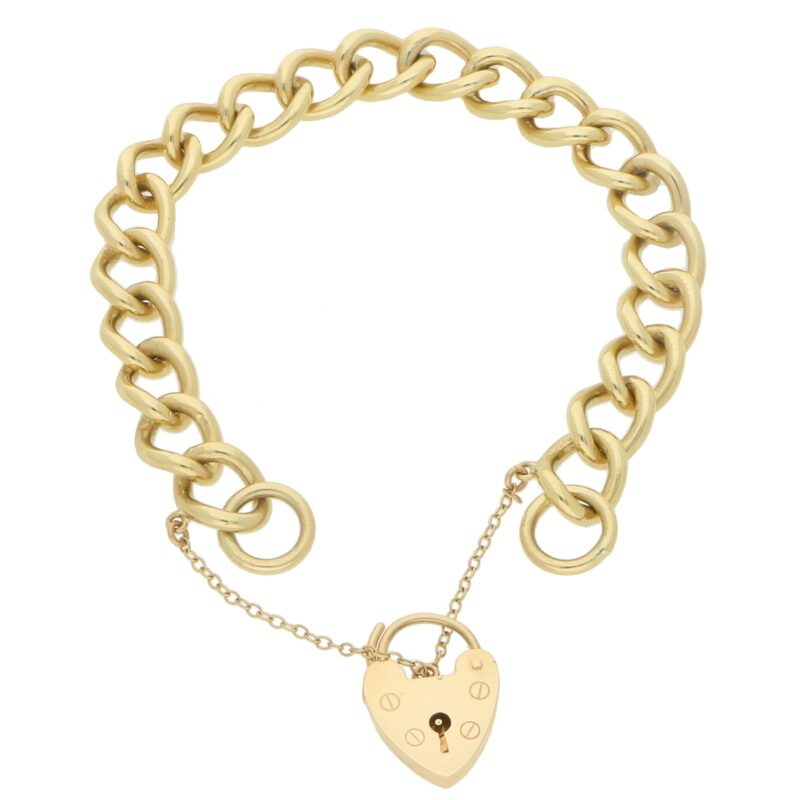 Vintage Heart Padlock Charm Link Bracelet in Yellow Gold