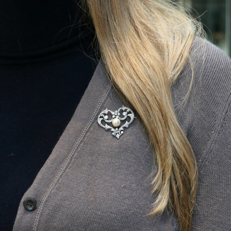 Edwardian Pearl and Diamond Openwork Heart Brooch in Platinum