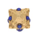 Blue Stoned Chinese Pagoda Charm Set in 18k Yellow Gold