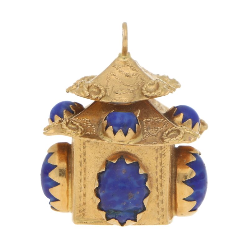 Blue Stoned Chinese Pagoda Charm Set in 18k Yellow Gold