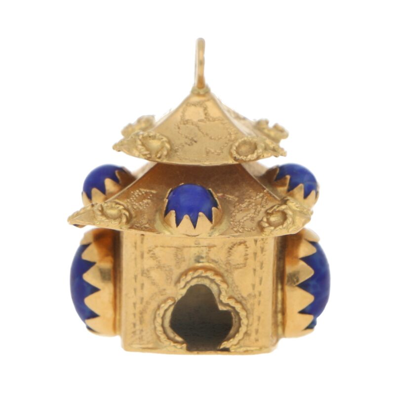 Blue Stoned Chinese Pagoda Charm Set in 18k Yellow Gold