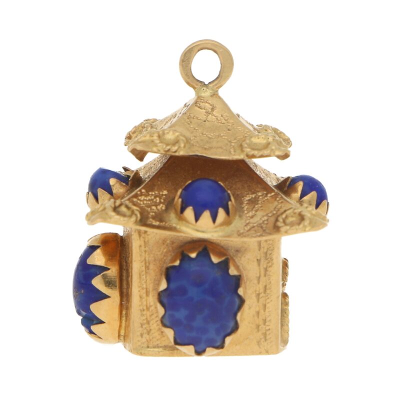 Blue Stoned Chinese Pagoda Charm Set in 18k Yellow Gold