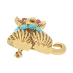 1960's Ruby and Turquoise Cat Brooch in Yellow Gold