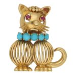 1960's Ruby and Turquoise Cat Brooch in Yellow Gold