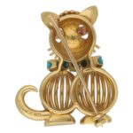 1960's Ruby and Turquoise Cat Brooch in Yellow Gold