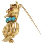 1960's Ruby and Turquoise Cat Brooch in Yellow Gold