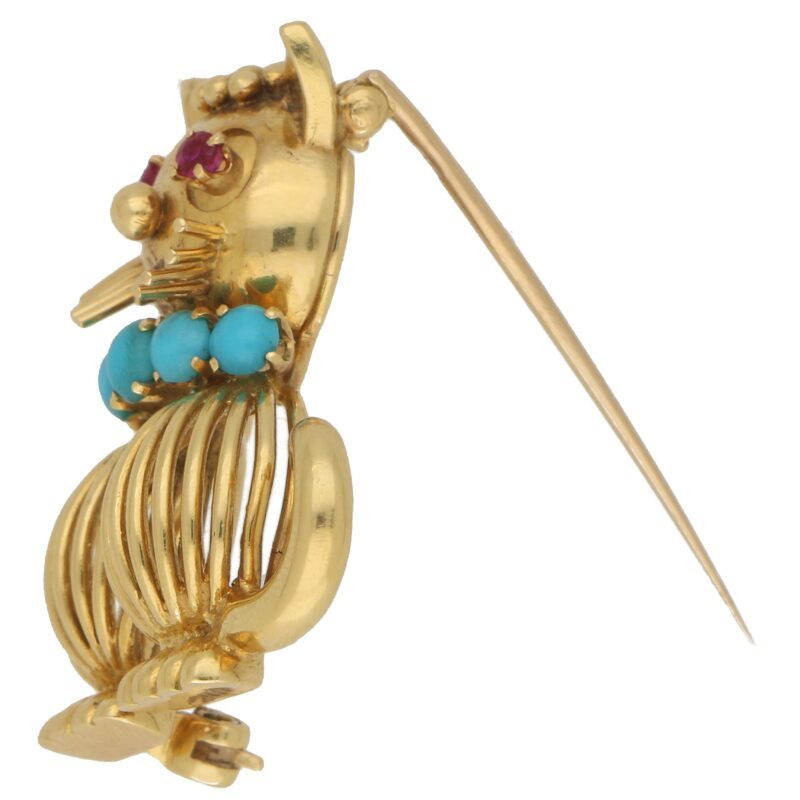 1960's Ruby and Turquoise Cat Brooch in Yellow Gold