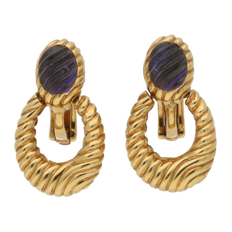 Boucheron Carved Purple Iolite Hoop Drop Earrings